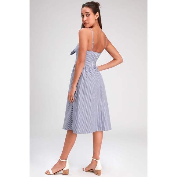 Joyful Days Blue Striped Knotted Front Midi Dress With Pockets - Picture 3 of 7